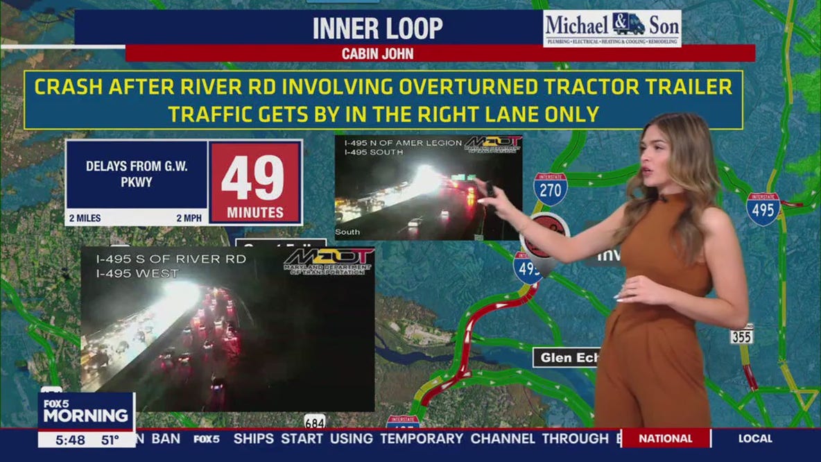Tractor-trailer crash causes delays on I-495 in Montgomery County